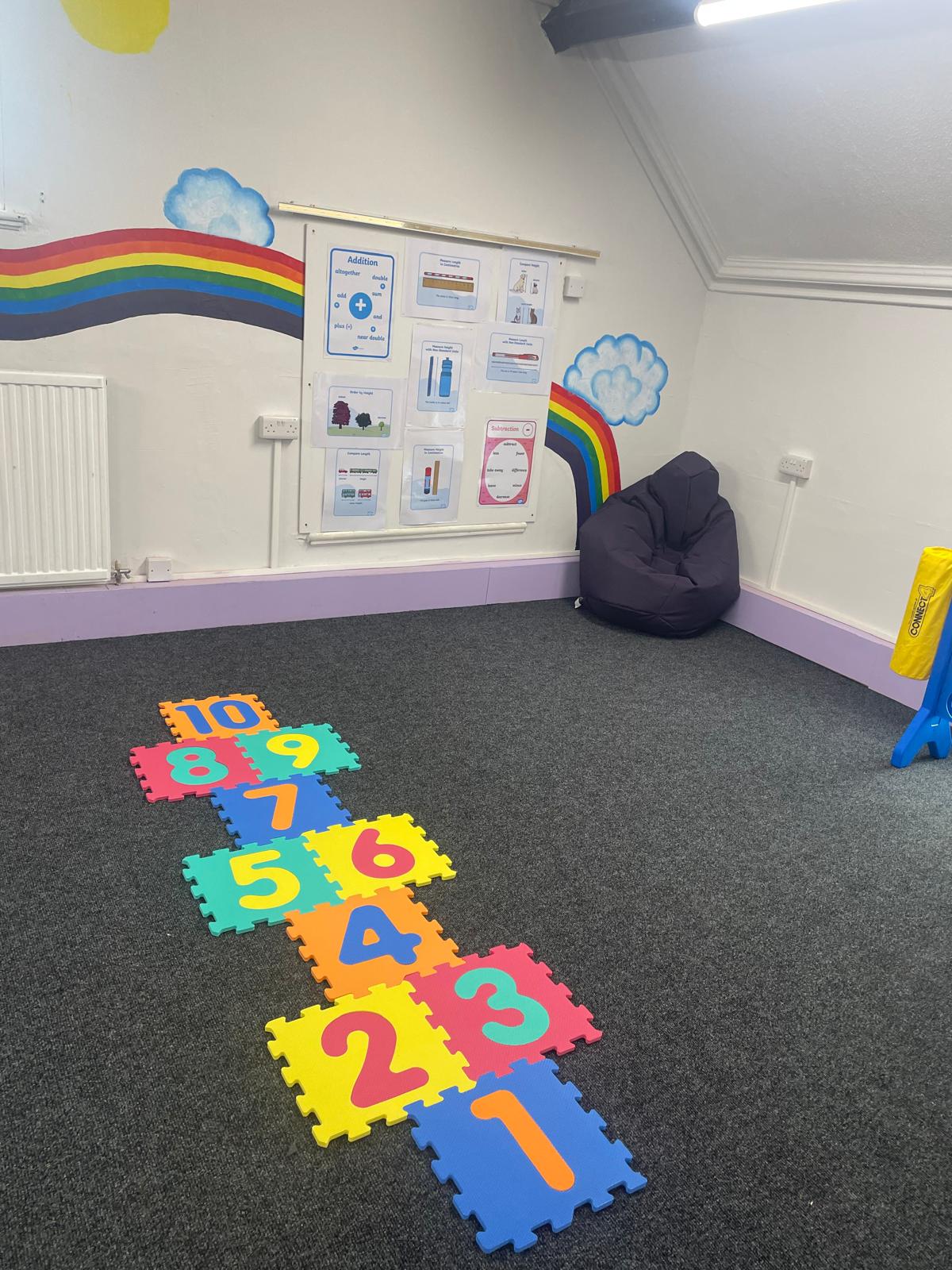 Bright numeracy learning space with a colourful number path