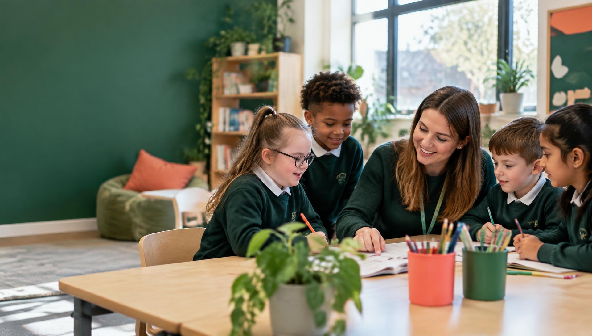 Teacher supporting a small group of pupils in a bright classroom